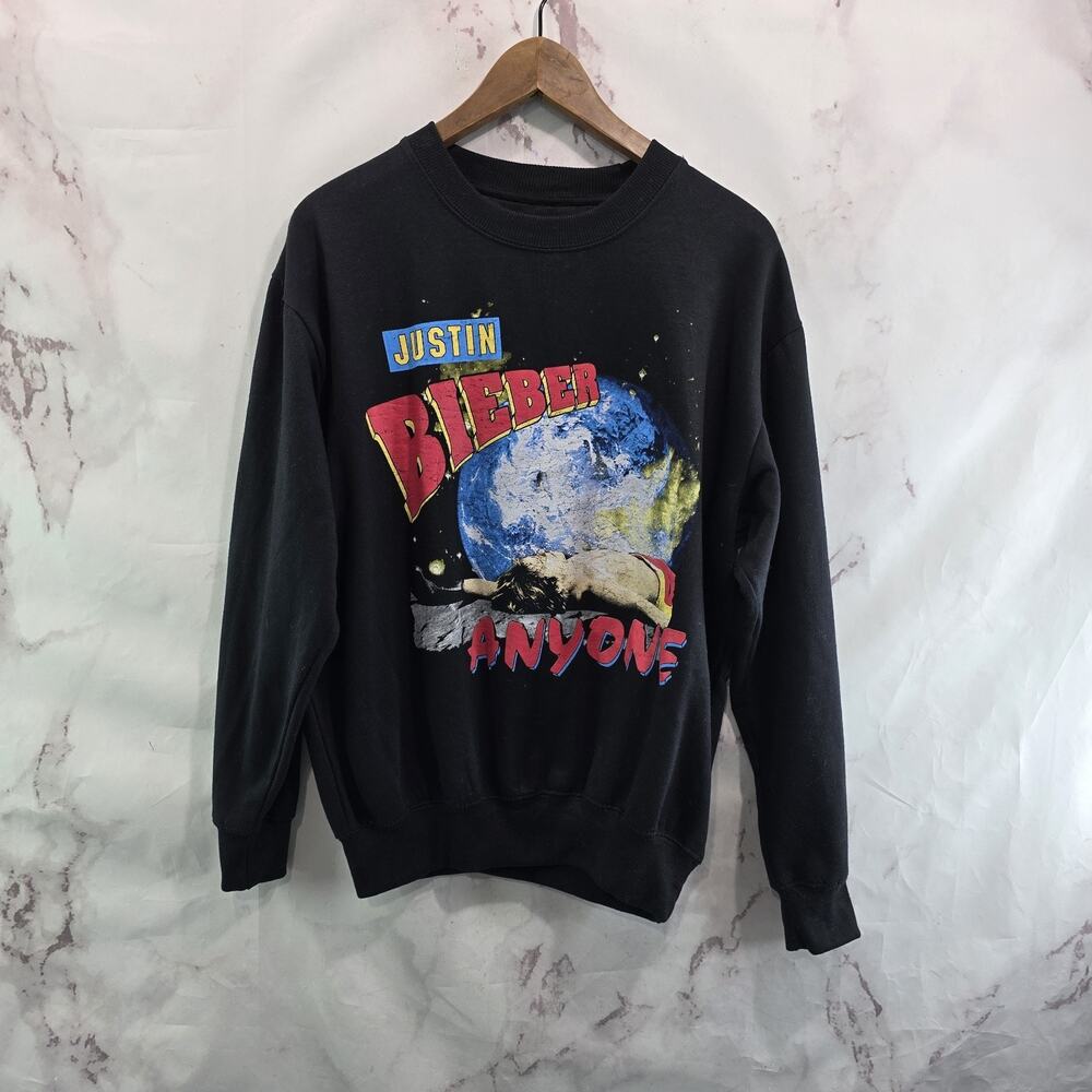 Justin Bieber Sweatshirt Mens Medium Black Crew Pullover Anyone Tour